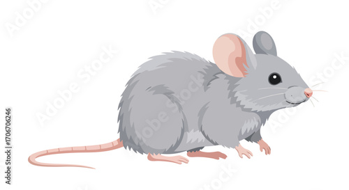 Cartoon illustration of a gray mouse with pink ears and nose isolated on white background perfect for children's book