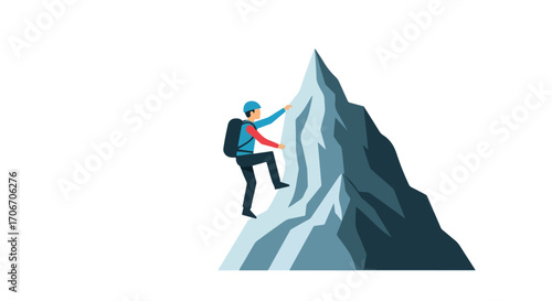 Man climbs challenging mountain peak, striving for achievement, overcoming obstacles  and reaching the summit through courage and determination