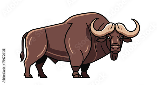 A stylized illustration of a powerful gaur with muscular build showcases strength and a majestic posture, isolated on white for graphic design