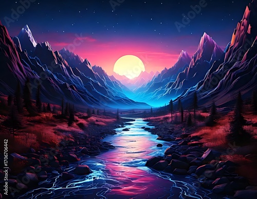 Vibrant mountain valley at sunrise