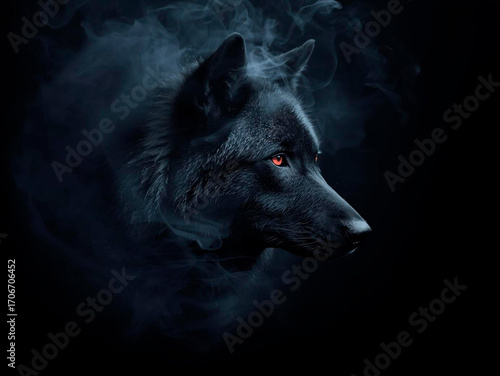 Black wolf head in shadow created with Generative AI