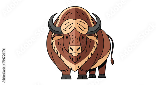 Illustrated yak with fluffy fur and imposing horns, depicted in a playful and stylized manner, standing on a white background