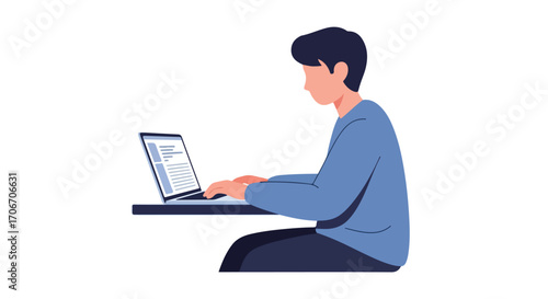 Focused individual working remotely from home on their laptop with digital interface and minimalist background style illustration