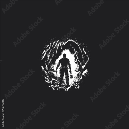 vector illustration depicting an adventurer, wearing a hat and holding a lantern or flashlight, standing in the entrance of a mysterious cave