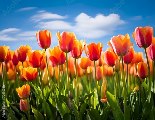 Vibrant orange and red tulips against a vibrant blue sky