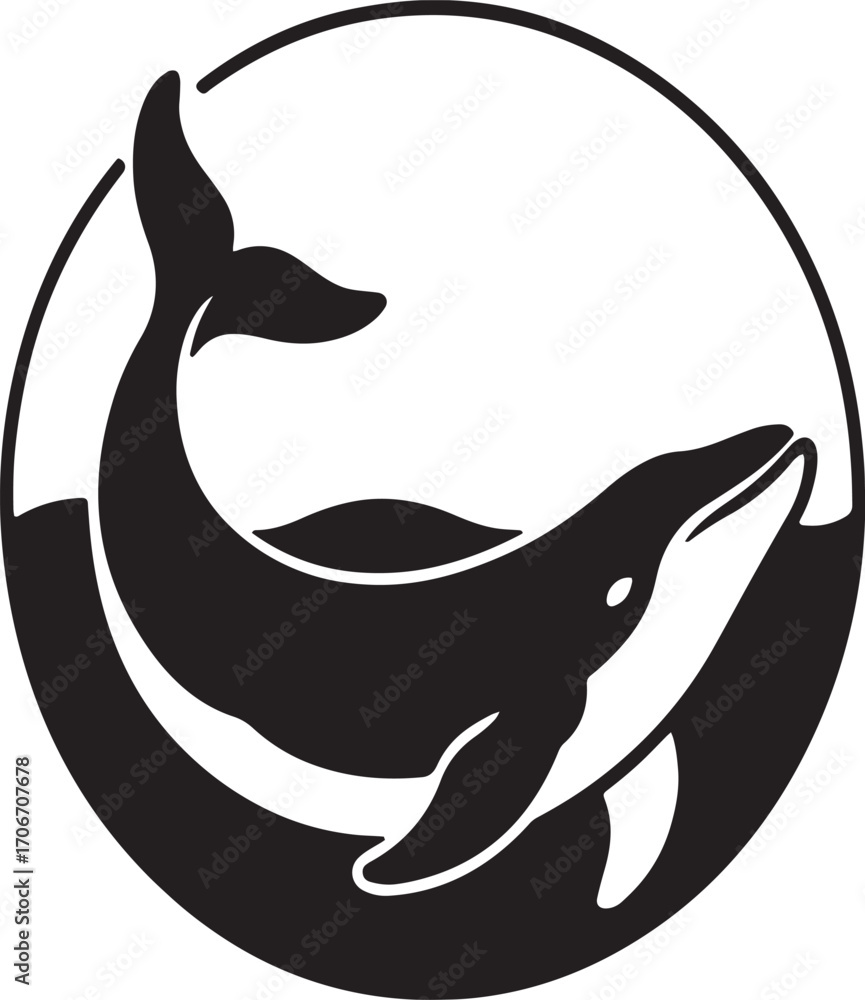 Naklejka premium Stylized Black and White Whale Illustration in a Circle