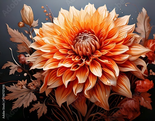 Vibrant orange dahlia bouquet against a dark backdrop