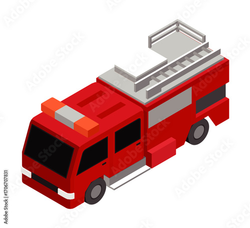 Isometric red fire truck illustration, boxy cab, roof ladders, white panel, railing, two visible wheels, emergency lights
赤色の消防車のアイソメトリックイラスト、箱型キャブ、屋上はしご、白色パネル、手すり、車輪二つ、警光灯