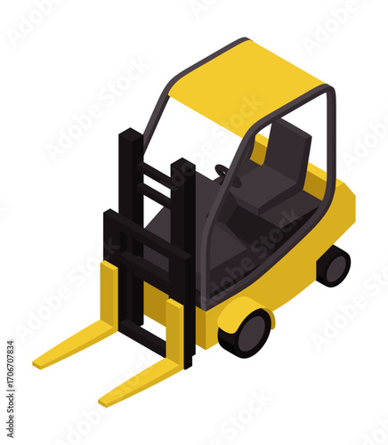 Isometric illustration of a yellow forklift with black mast, long forks, operator cabin, four wheels
黄と黒のフォークリフトのアイソメトリックイラスト、黒色マスト、長いフォーク、運転席キャビン、四輪