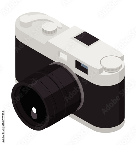 Isometric illustration of a modern black and white camera, large cylindrical lens, top dials, viewfinder, shutter button, mode dial
モノクロのモダンなカメラのアイソメトリックイラスト、大型円筒レンズ、上面ダイヤル、ビューファインダー、シャッターボタン、モードダイヤル