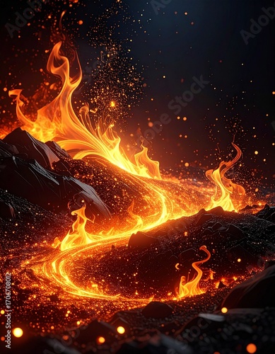 Fire embers particles over black background. Fire sparks background. Abstract dark glitter fire particles lights.