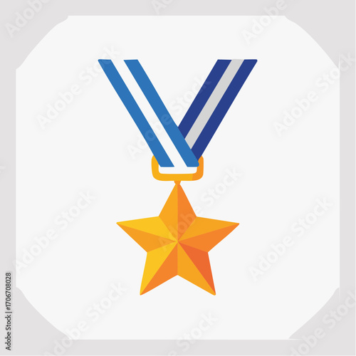 Illustration of a Golden Star Medal with Blue and White Striped Ribbon on a White Background