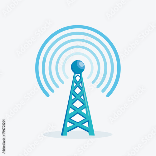 Illustration of a modern communication tower emitting wireless signals, simple and clean