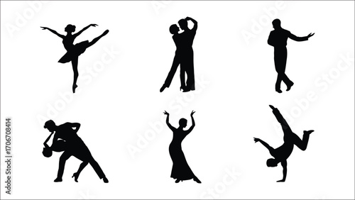 Dynamic Silhouettes of Dancers Showcasing Ballet, Ballroom, and Breakdancing Styles Against a Clean White Backdrop Artistically Captured