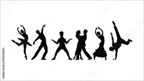 Silhouetted Dancers Showcase Diverse Styles Ranging from Classical Ballet to Modern Breakdancing on a Pure White Backdrop