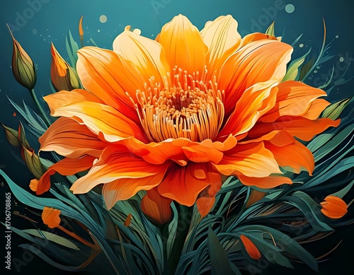 Vibrant orange flower with teal foliage