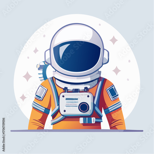 Illustration of a stylish astronaut in an orange spacesuit against a space backdrop