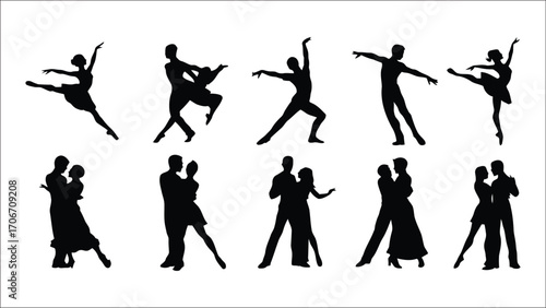 Black Silhouettes of Dancers Performing Ballet and Ballroom Dancing Gracefully Across a White Background Creating a Rhythmic Composition