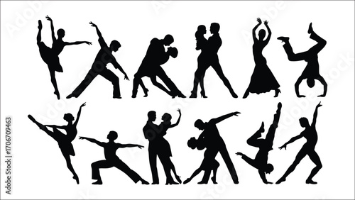 Dynamic Silhouettes Depicting Various Dance Styles and Acrobatic Poses Showcasing Movement Grace and Energy in a Rhythmic Composition