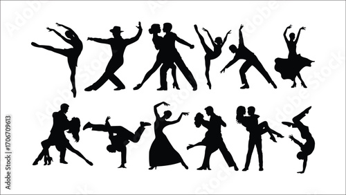 Dynamic Dance Silhouettes A Rhythmic Symphony of Movement and Expression Featuring Various Styles and Poses Set Against a White Canvas