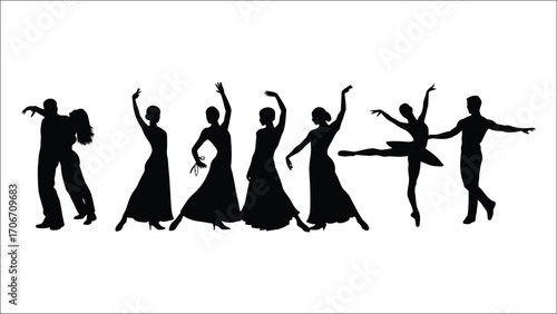 Silhouetted Dancers in Motion A Captivating Ensemble of Various Dance Styles Against a Clean White Background