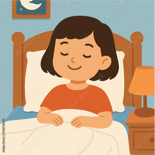 Cartoon girl sleeping peacefully in bed illustration