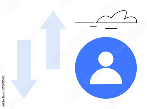 Blue circle with user icon, upwarddownward arrows, and cloud linework. Ideal for concepts thumbs up user growth, career development, data exchange, networking, progress monitoring, cloud storage