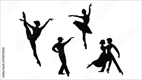 Elegant Dance Silhouettes Gracefully Posed Against White Backdrop Showcasing Ballet, Ballroom, and Tap Styles in a Collection of Dynamic Postures
