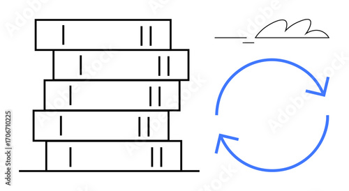 Stack of books alongside circular arrows symbolizing reading, knowledge exchange, continuous learning, education. Ideal for libraries, schools, e-learning, innovation, knowledge sharing research