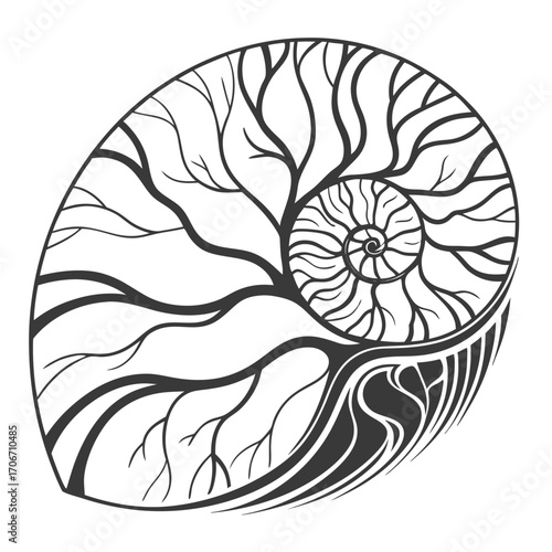 Stylized Nautilus Shell Spiral Branching Pattern organic