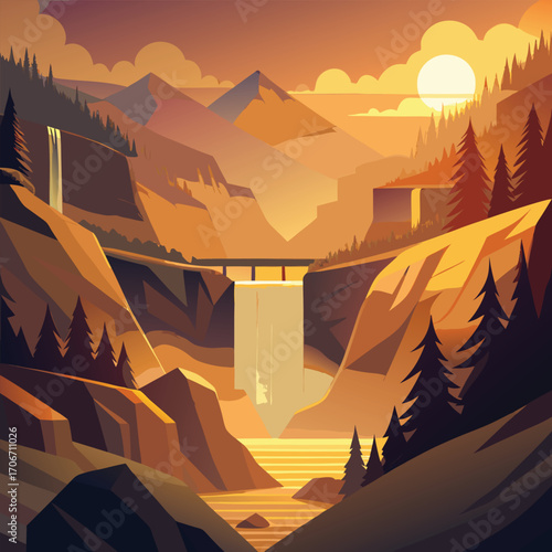 Sunset over a mountainous landscape with a waterfall and bridge