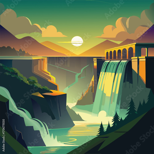 Sunset Over a Hydroelectric Dam and Waterfall river