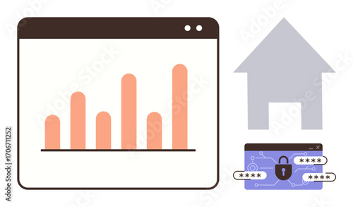 Bar graph in browser, secure password entry, and house form conceptually linked to technology advancements. Ideal for data analysis, digital security, smart homes, innovation, fintech, IoT user