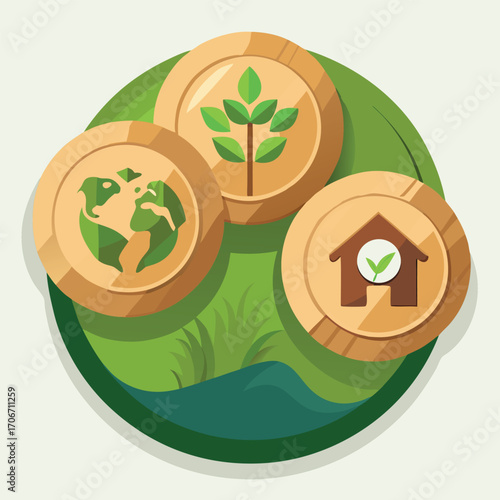 Three circular icons with environmental and home symbols