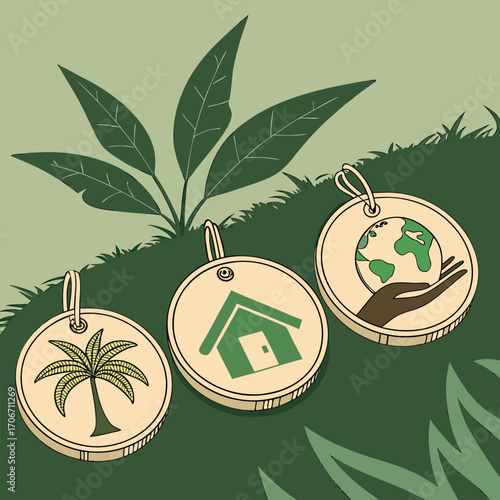Three circular tags with nature and home symbols on grass