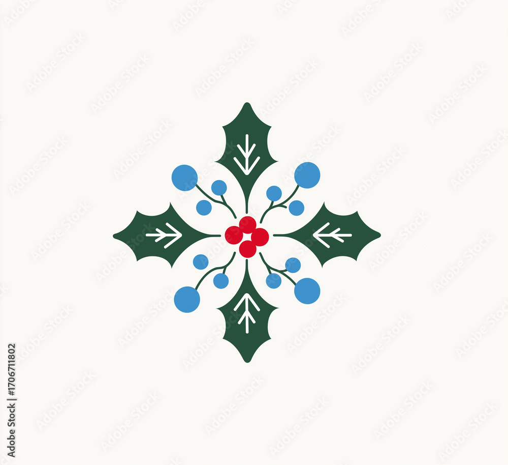 Obraz premium Illustration of a symmetrical holly berry design with leaves and berries centered