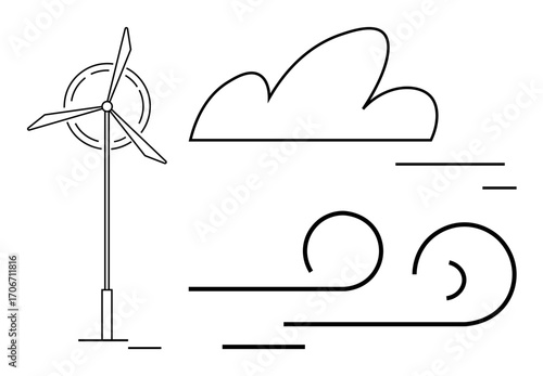 Wind turbine generating energy with stylized cloud and wind lines. Ideal for renewable energy, sustainability, eco-consciousness, clean power, environment, green living, simple landing page