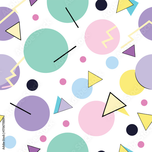 Memphis style pattern with pastel circles and triangles