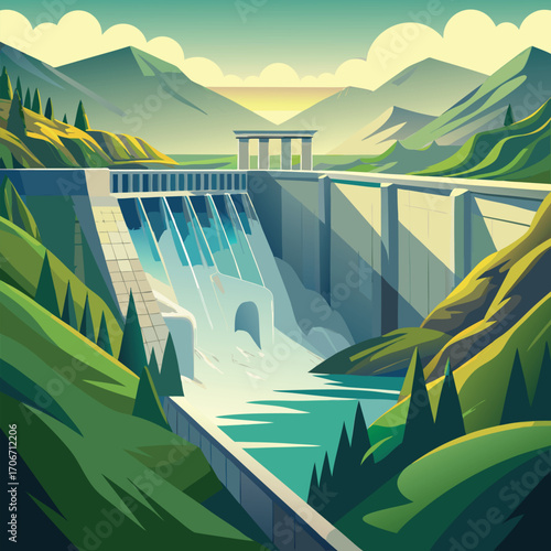 Mountain valley hydroelectric dam with flowing water