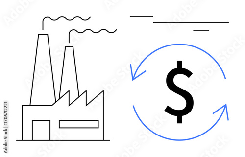 Factory emitting smoke alongside dollar icon enclosed in circular arrows. Ideal for finance, economy, environmental impact, industry, sustainability, trade, cost-efficiency. Simple flat metaphor