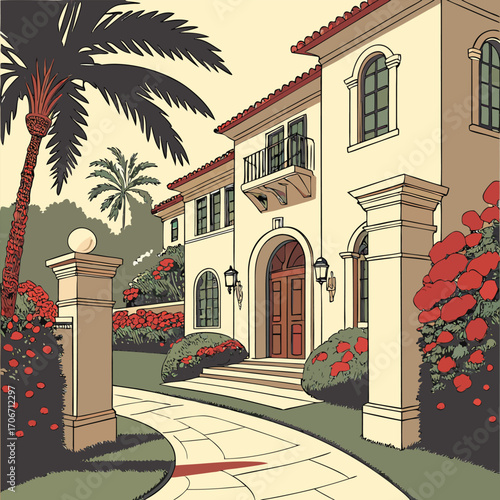 Ornate villa entrance with palm trees and blooming flowers