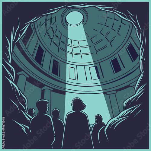 People looking up at light beam in domed structure