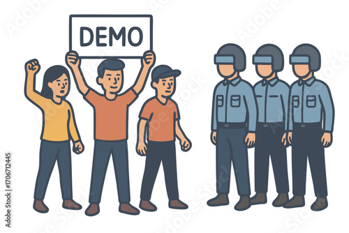 Angry crowd with banners in protest, picket. People with Stop signs, placards are at street demonstration for rights. Activists at revolution, public meeting against smth. Flat vector illustration