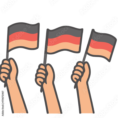 Tag der Deutschen Einheit. German Unity Day October 3rd. Hands of people with German flags. Holidays in Germany. Vector illustration in cartoon style.