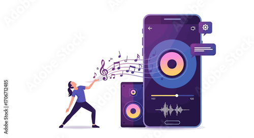 Woman Reaching for Musical Notes Emanating from a Smartphone and Speaker