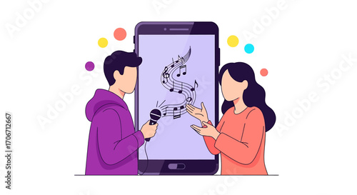Two People Discussing Music Streaming from a Smartphone with Notes