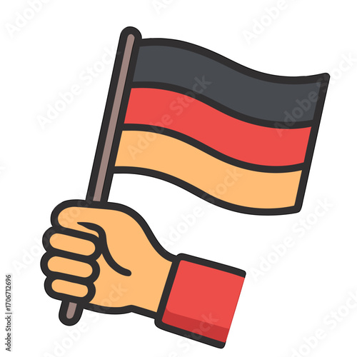 Tag der Deutschen Einheit. German Unity Day October 3rd. Hands of people with German flags. Holidays in Germany. Vector illustration in cartoon style.