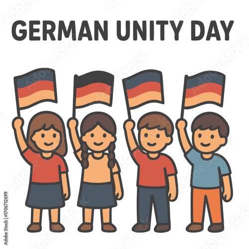 Tag der Deutschen Einheit. German Unity Day October 3rd. Hands of people with German flags. Holidays in Germany. Vector illustration in cartoon style.