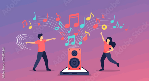Joyful Couple Dancing to Music Streaming from Smartphone Speaker