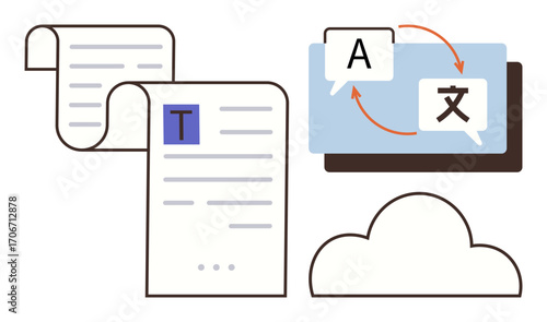 Documents with text, language exchange icons with arrows, cloud icon. Ideal for translation, language learning, cloud tech, global communication, AI tools, data sync simple flat metaphor
